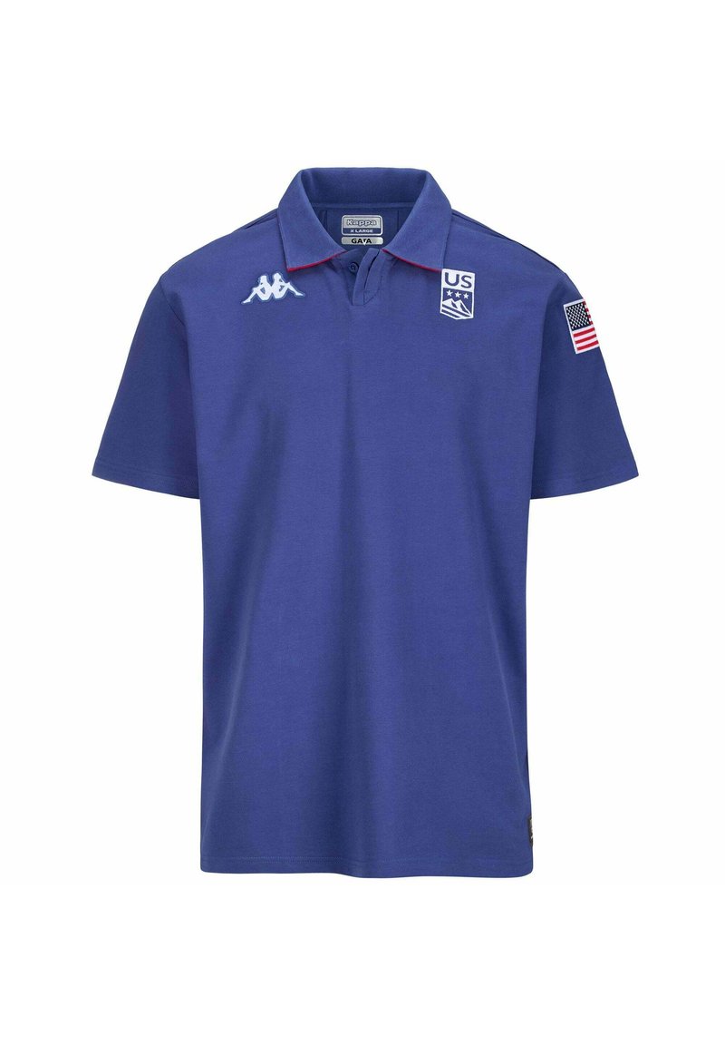 Polo shirt blu con maniche corte, realizzato in cotone. Presenta un bordo del colletto rosso, un logo ricamato e una toppa con la bandiera degli Stati Uniti sulla manica.