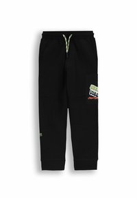 Czarne spodnie dresowe wykonane z mieszanki bawełny, z ribbowanym mankietem, elastycznym paskiem w talii z kolorowymi sznurkami oraz dekoracyjną kieszenią z grafiką.