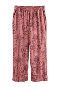 Rosa lockere Hose mit dunklen Blumen- und Ornamentmustern, elastischem Bund, Seitentaschen und gesäumten Abschlüssen.