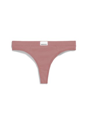 Katoenen string in gedempt roos met een zachte tailleband. Voorzien van een label aan de voorkant. Gladde textuur en minimalistisch ontwerp.