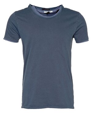 Blå kortærmet t-shirt med rund hals, let falmet stof og synligt indvendigt halslag.