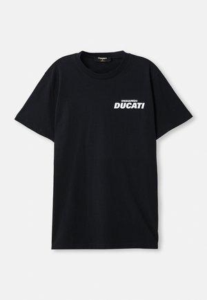 T-shirt en coton noir à manches courtes, arborant un logo blanc "DSQUARED2 DUCATI" sur le côté gauche du devant. Design à col rond.