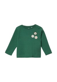 Grünes Langarmhemd aus strukturiertem Baumwollstoff, mit drei dekorativen Knöpfen und drei illustrierten Patches auf der Vorderseite.