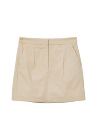 Jupe en velours côtelé beige avec des rayures verticales, dotée de deux poches latérales, d'une coupe droite et d'une taille plate.