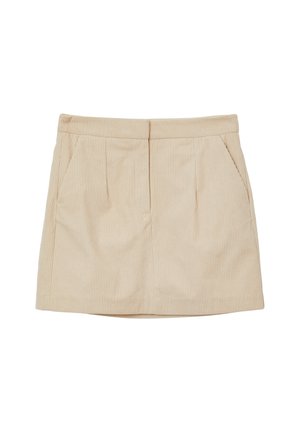 Jupe en velours côtelé beige avec des rayures verticales, dotée de deux poches latérales, d'une coupe droite et d'une taille plate.