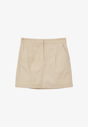 Beige Cord-Latzrock mit vertikalen Streifen, ausgestattet mit zwei seitlichen Taschen, geradem Schnitt und flachem Bund.