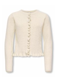 Cardigan tricoté couleur crème avec manches longues, encolure ronde, fermeture à boutons sur le devant, et bordure à volants le long des boutons et de l'ourlet.