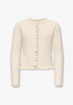 Bež pleteni kardigan s dugim rukavima, okruglim izrezom, zatvaranjem na gumbe sprijeda i naboranim obrubom uz gumbe i rub.