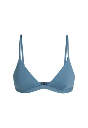 Haut de bikini triangle bleu en tissu lisse, avec des fines bretelles réglables et un petit détail en métal doré au centre devant.