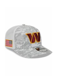 Gray camouflage cap with mesh back, featuring a large yellow "W" logo and a small American flag patch on the side. Flat brim design.