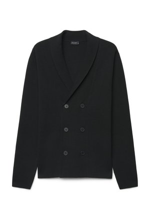 Cardigan nero doppiopetto con sei bottoni, maniche lunghe e ampio collo a scialle, mostrato su sfondo bianco.