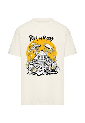Kreminės spalvos marškinėliai su juoda ir geltona "Rick and Morty" grafika, vaizduojančia pyramidę, apsuptą animacinių elementų ir dizainų.