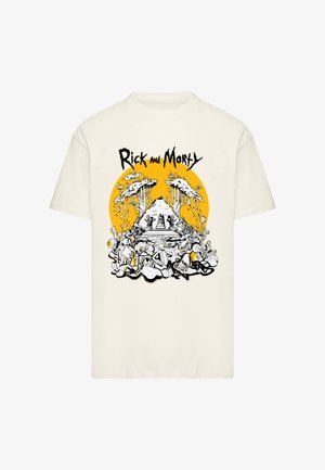 Cream-colored t-shirt featuring a black and yellow "Rick and Morty" graphic, depicting a pyramid surrounded by cartoon elements and designs.