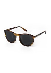 Ochelari de soare rotunzi cu ramă din chihlimbar �și lentile întunecate. Prezintă brațe subțiri cu branding auriu pe tâmple, oferind un design clasic.