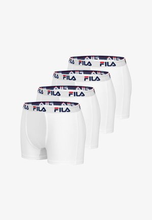 Boxers blancs pour hommes, avec une ceinture en logo Fila bleu et rouge. Fabriqués en tissu doux et extensible avec un ajustement confortable. Paquet de quatre.