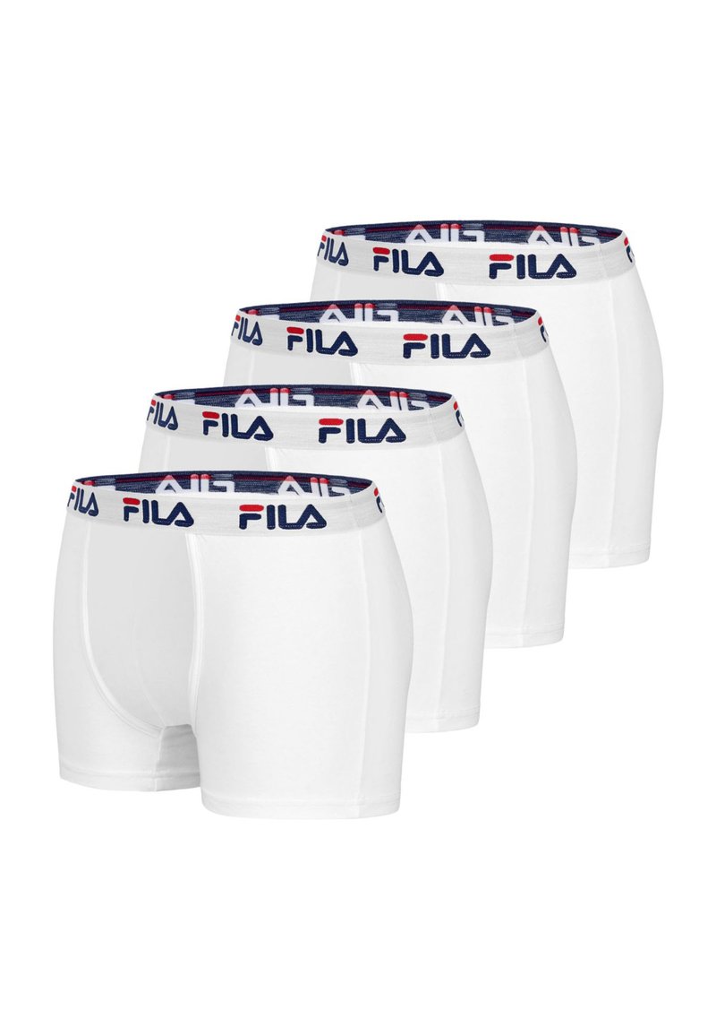 Boxers blancs pour hommes, avec une ceinture en logo Fila bleu et rouge. Fabriqués en tissu doux et extensible avec un ajustement confortable. Paquet de quatre.