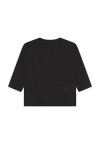 T-shirt noir à manches longues avec un col rond et une coupe décontractée. Le tissu semble lisse et n'a aucun motif ou graphique visible.