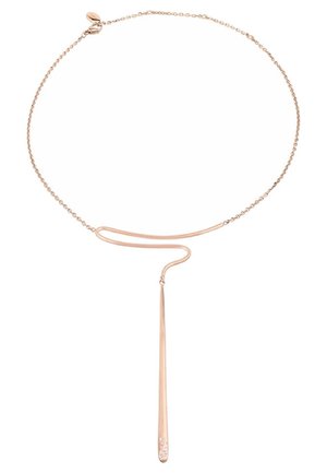 Collar de oro rosa con una fina cadena, que presenta un diseño en bucle y un colgante largo y acampanado adornado con sutiles embellimientos.