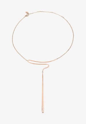 Rosaguldkæde med en fin kæde, der har et snoet design og en lang, spidset dråbe dekoreret med subtile udsmykninger.