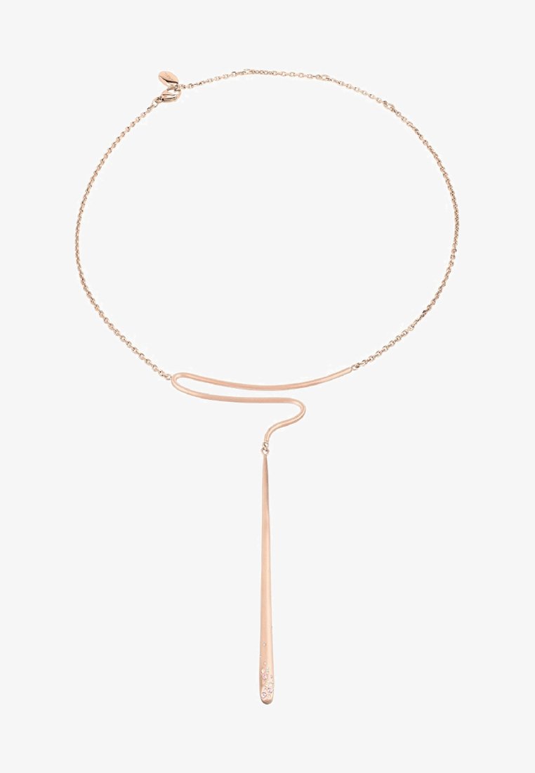 Rosaguldkæde med en fin kæde, der har et snoet design og en lang, spidset dråbe dekoreret med subtile udsmykninger.