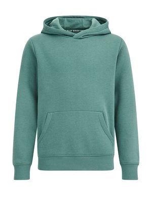 Zielona bluza z kapturem, przednią kieszenią, ściągaczami przy mankietach i u dołu. Wykonana z miękkiego, teksturowanego materiału, idealna na co dzień.