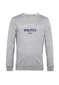 Szara bluza wykonana z mieszanki bawełny, z okrągłym dekoltem, długimi rękawami i napisem "PARK FIELDS ATHLETICS 1961" w kolorze granatowym i białym.