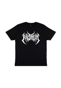 Sort bomulds t-shirt med et hvidt grafisk logo med skarpe, vinklet bogstaver centreret på brystet. Korte ærmer og rund hals.