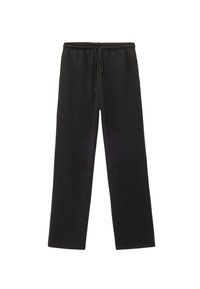 Schwarze Sweatpants aus weichem Stoff mit elastischem Bund und verstellbarem Kordelzug. Gerades Design ohne sichtbare Taschen.