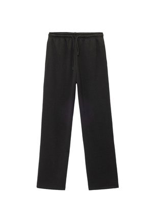 Pantalones de chándal negros hechos de una tela suave, con una cintura elástica y cordones ajustables. Diseño de corte recto sin bolsillos visibles.