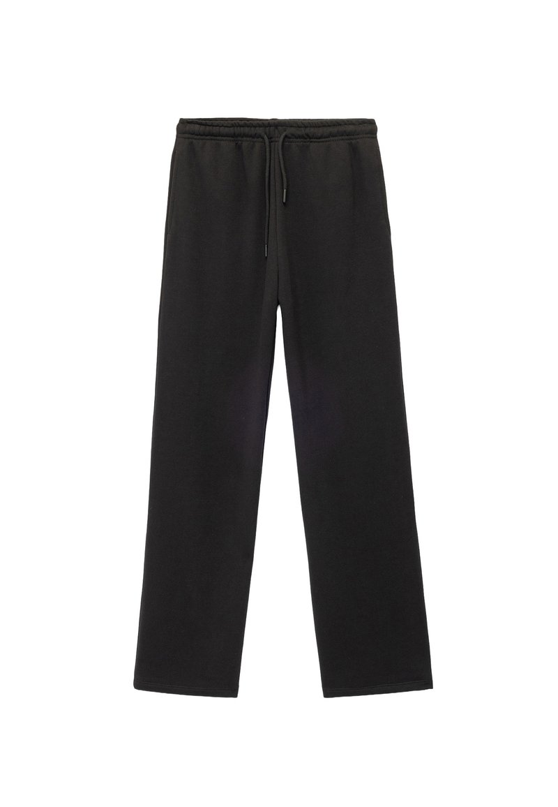 Schwarze Sweatpants aus weichem Stoff mit elastischem Bund und verstellbarem Kordelzug. Gerades Design ohne sichtbare Taschen.