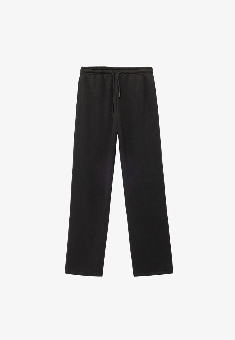 Zwarte sweatpants van zacht materiaal met een elastische tailleband en verstelbaar trekkoord. Recht gesneden ontwerp zonder zichtbare zakken.