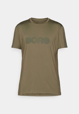 Olivgrön kortärmad t-shirt gjord av mjukt tyg med en tonad "BORG"-logotyp över bröstet. Rund hals och vanlig passform.