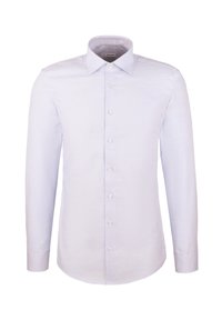 Camicia azzurro chiaro a maniche lunghe realizzata in tessuto testurizzato, con chiusura a bottoni sul davanti, colletto a punta e polsini a bottone.