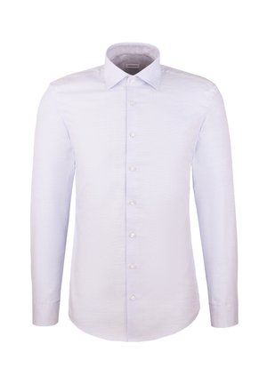 Hellblaues langärmeliges Hemd aus gewebtem Stoff, mit spitzem Kragen, Knopfleiste vorne und Manschetten mit einem Knopf. Glatte Textur.