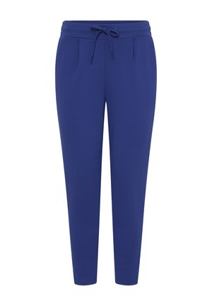 Modre zožene trenirke s vrvico v pasu in žepki spredaj, zasnovane za priložnostno nošenje.