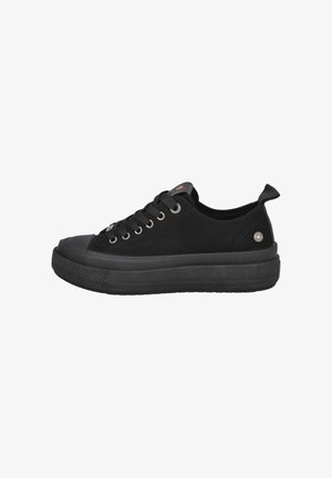 Las zapatillas de lona negras presentan un diseño de corte bajo, puntera redonda, suela de goma, ojales de metal y una lengüeta en el talón para facilitar el uso.