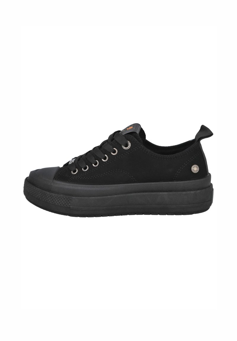 Las zapatillas de lona negras presentan un diseño de corte bajo, puntera redonda, suela de goma, ojales de metal y una lengüeta en el talón para facilitar el uso.