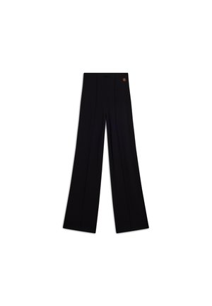 Pantaloni neri a vita alta con gambe larghe, caratterizzati da un design pulito e sartoriale e sottili pieghe frontali. Nessuna hardware o motivo visibile.