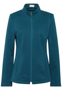 Teal Zip-Jacke aus weichem, strukturiertem Stoff mit hohem Kragen, Seiteneinsätzen und geradem Saum. Verfügt über einen Frontreißverschluss und keine sichtbaren Taschen.