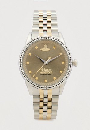 Relógio de pulso Vivienne Westwood em dois tons de prata e ouro, com marcadores de horas dourados e bisel texturizado, mostrando 10:10:36.