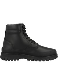 Black high-top winter boot with thick sole, rugged tread, lace-up front, padded collar, and fur lining inside the ankle area.