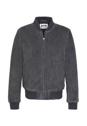 Graue Wildleder-Bomberjacke mit einem Reißverschluss an der Vorderseite, gerippten Bündchen und einem gerippten Saum. Verfügt über Seitentaschen und ein rundes Kragen-Design.