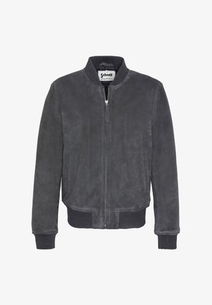 Veste bomber en daim gris avec fermeture éclair à l'avant, poignets et taille côtelés. Comprend des poches latérales et un col rond.