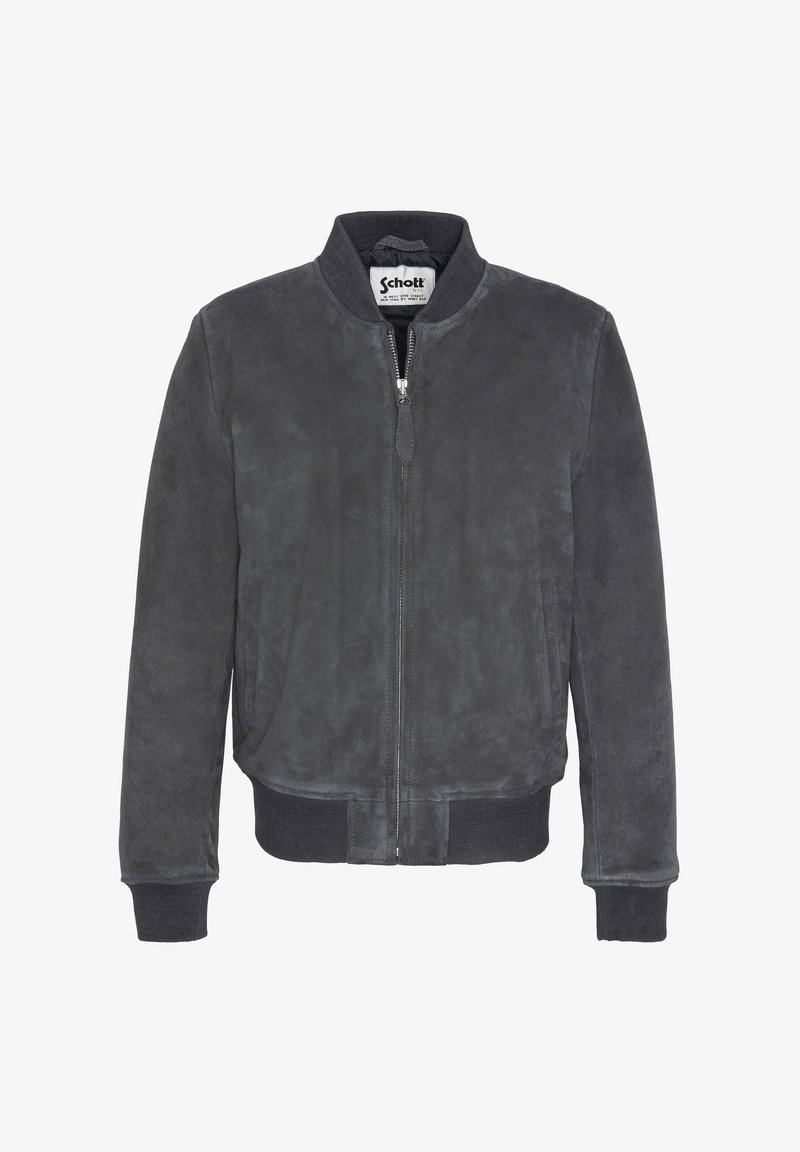 Giacca bomber in suede grigia con zip frontale, polsini e vita a coste. Presenta tasche laterali e un colletto rotondo.