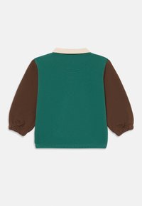 Grüner Pullover mit beigem Kragen und braunen gepufften Ärmeln. Weiche Textur mit gerippten Bündchen und rundem Ausschnitt.