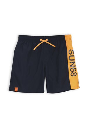 Costumi da bagno blu navy con una banda laterale arancione, presenta la scritta "SUN68" in stampatello, vita elastica e cordino. Il materiale sembra leggero.