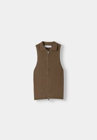 Gilet en tricot côtelé marron sans manches avec col et fermeture à double zip, posé à plat sur un fond blanc.
