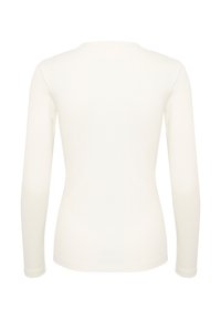 Chemise blanche ajustée à manches longues avec encolure ronde, vue de dos sur un fond blanc uni.