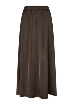 Tamno smeđa, duga A-kroja suknja s elastičnim strukom i suptilnom teksturiranom tkaninom, koja se glatko spušta do ruba.