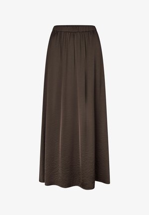 Tamno smeđa, duga A-kroja suknja s elastičnim strukom i suptilnom teksturiranom tkaninom, koja se glatko spušta do ruba.